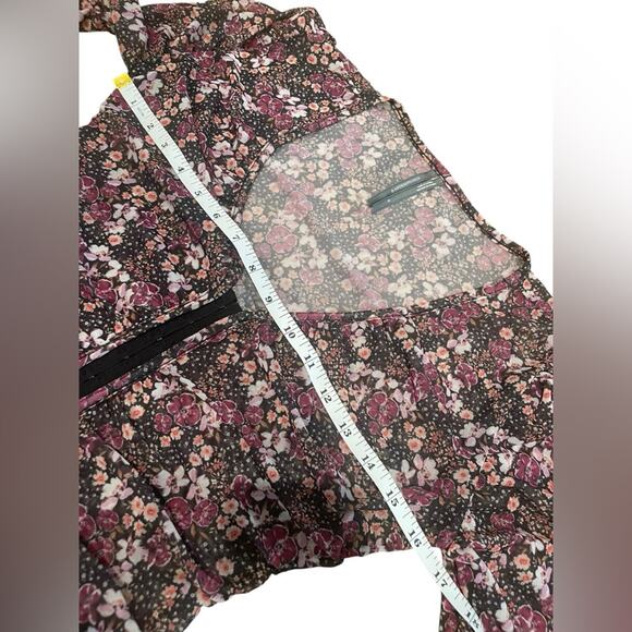 Anthropologie Sheer Mesh Purple Floral Dainty Ditzy Print Ruched Blouse- Xs - Picture 7 of 11